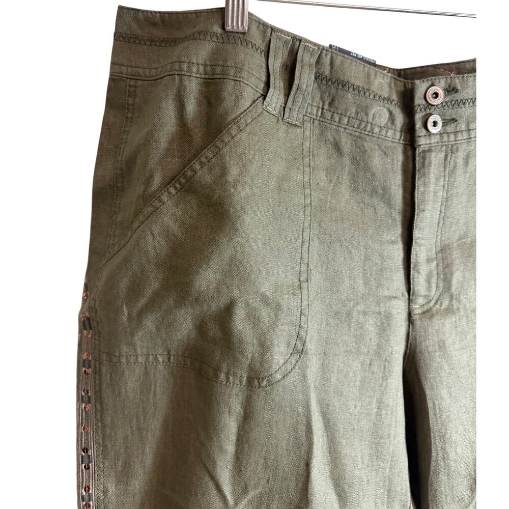 INC International Concept Linen Capri Pants Women 18 Olive Green Beaded Trim New - Picture 3 of 11